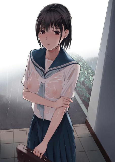 【画像】エロ漫画のJKさん、雨の日にブラを付けず乳首が透けてしまう